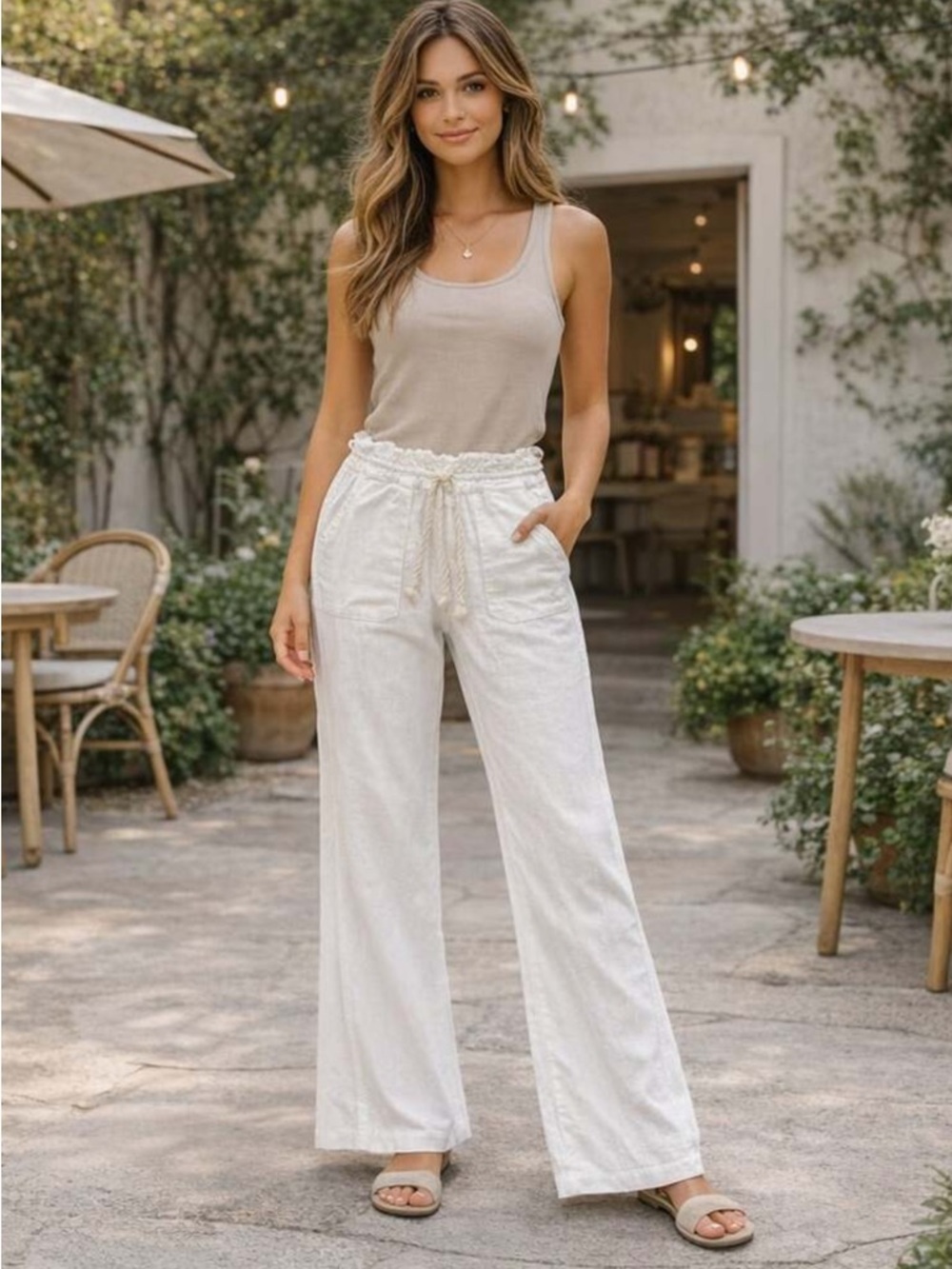 EUC Roxy Oceanside Linen Blend Pants White Wide Leg Drawstring Beach